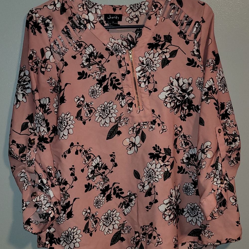 Justify Black and Pink Buttoned Blouse with Mandarin Collar